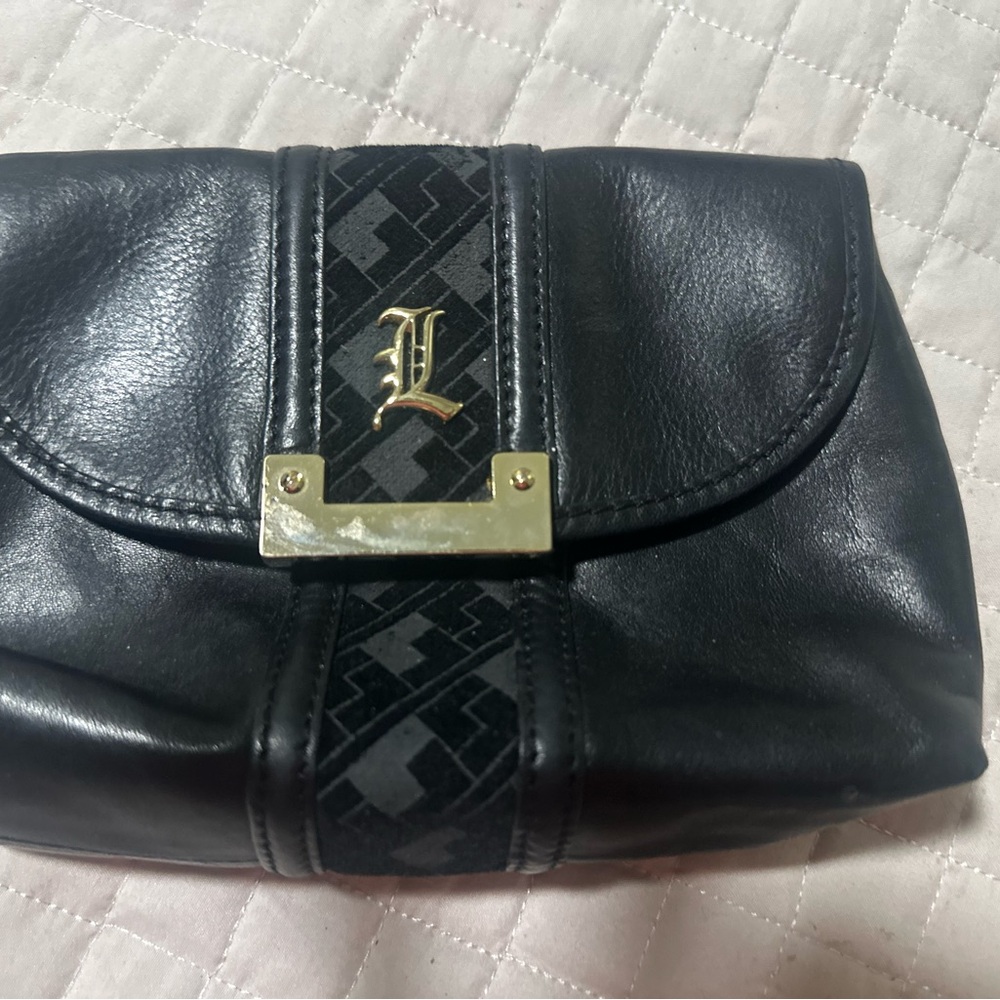L.A.M.B. Black Textured Clutch with Gold Details